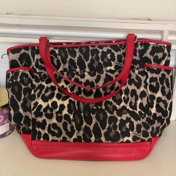 Coach Ocelot RARE Leopard Print Tote Bag with Red Leather Accents - Picture 2 of 8